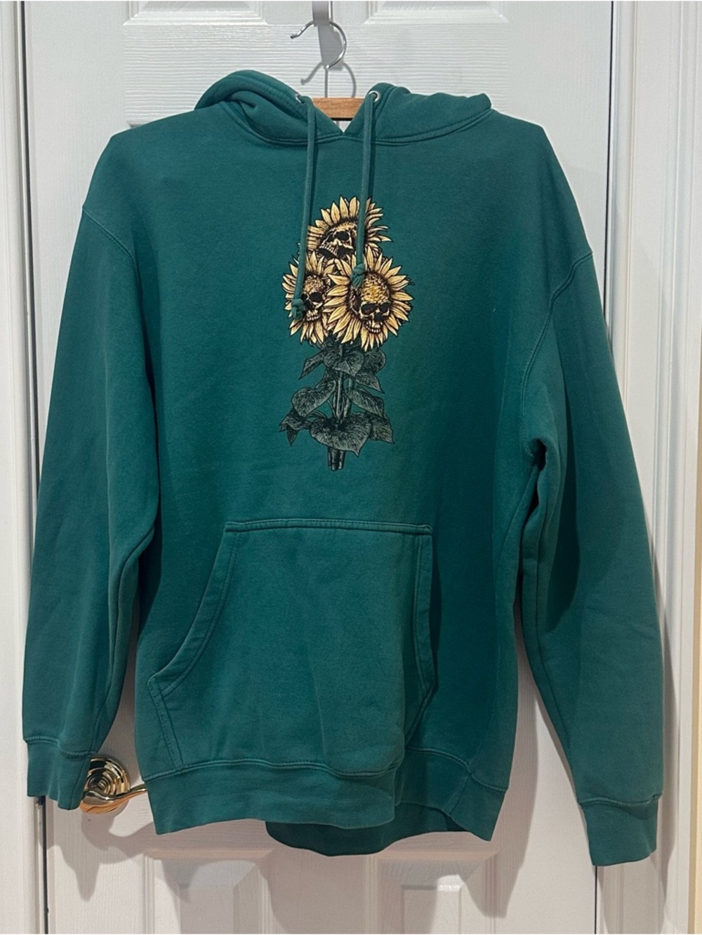 Lost International Green Hoodie with Sunflower and Skull Graphic, Size Large